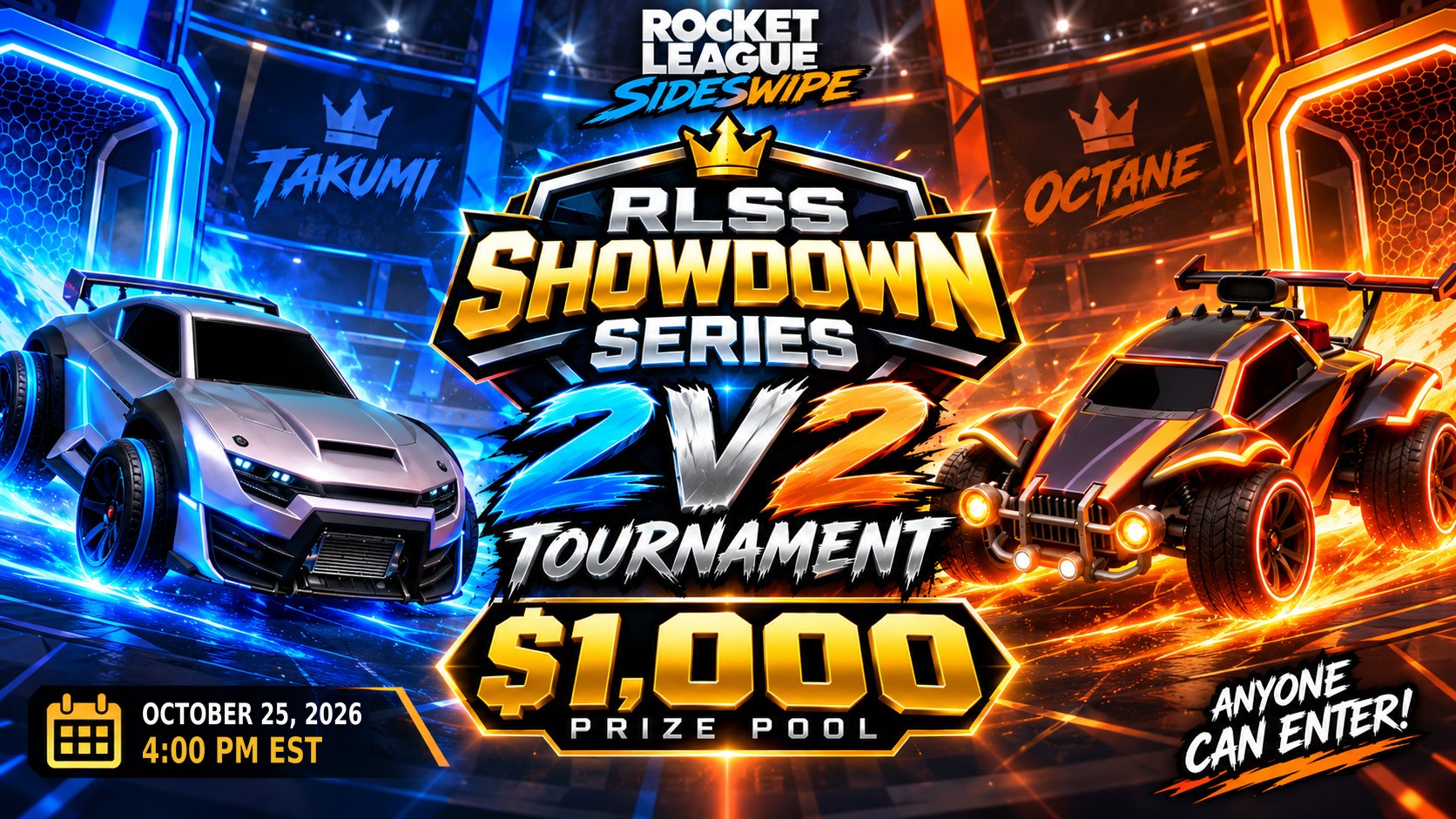 RLSS Showdown Series 2v2 tournament poster: $1,000 prize pool, October 25, 2026 at 4:00 PM Eastern, anyone can enter
